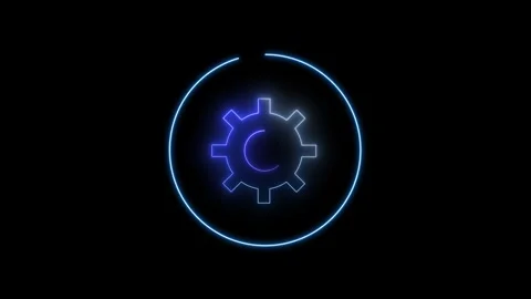 Neon gear elements spin gently around a glowing settings symbol on a black .. Video stock 309014412