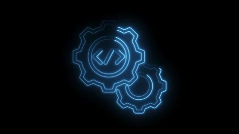 Neon gears with code symbol animation on dark background technical illustration Stock Footage 330782638