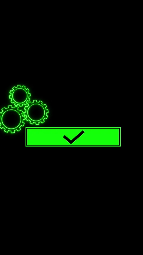 Neon gears with glowing check mark on black technology background. Cogwheel.. Stock Footage 345964543