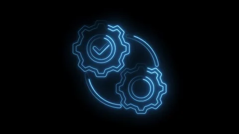 Neon gears interlocking with checkmark glowing on black background animation Stock Footage 330777509