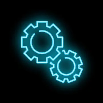Neon gears interlocking showing teamwork on black background Illustrazione stock