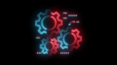 Neon gears rotating technology animation on black background futuristic concept Stock Footage 322989862