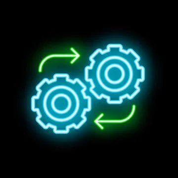 Neon gears turning and interacting with arrows showing workflow Stock Illustration