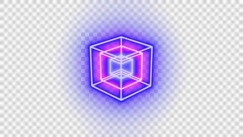 Neon geometric cube wireframe with nested shapes illustration on transparent 스톡 일러스트