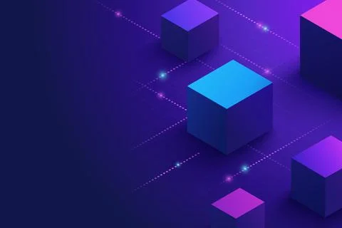 Neon geometric cubes on digital grid background Stock Illustration