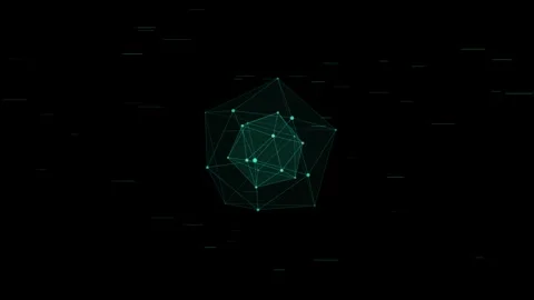 Neon geometric data structure rotating in digital space with floating light.. Видео 343155016