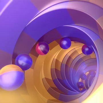 Neon Geometric Sci-Fi Tunnel with Rolling Duotone Spheres 3D Illustration イラスト素材