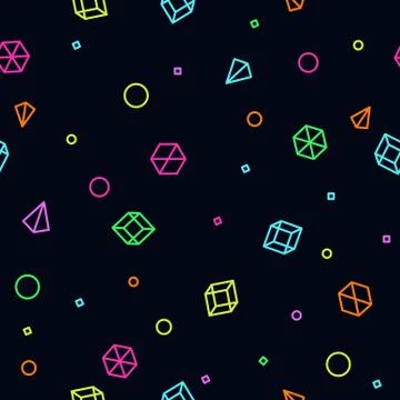 Neon geometric shape seamless pattern in Memphis Style. Future mathematic Stock Illustration