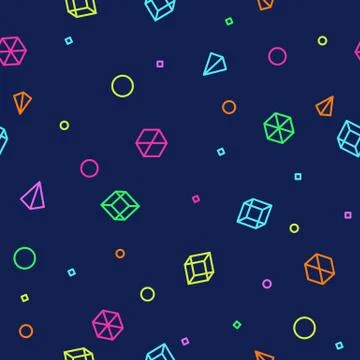 Neon geometric shape seamless pattern in Memphis Style. Future mathematic Stock Illustration