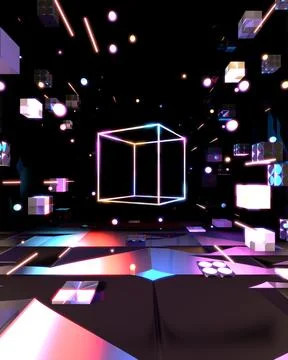 Neon geometric space with glowing square Stock Illustration