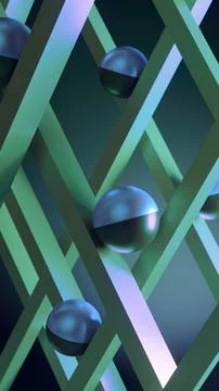 Neon geometric structure with glowing emerald spheres Stock Illustration