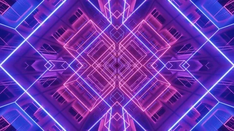 Neon geometric tunnel moving through pulsing purple light structures in a Stockbeeldmateriaal 344714649