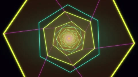 Neon geometric tunnel spiraling into dark background Stock Footage 336353211