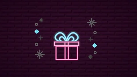 Neon gift box animation with heart shaped face appearing on dark brick wall.. 動画素材 339215997