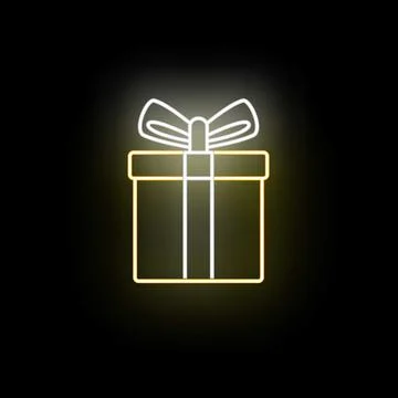 Neon gift box icon glowing on black background Stock Illustration
