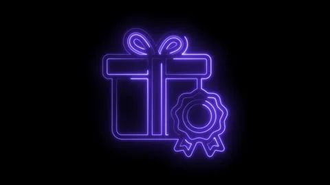 Neon gift box with ribbon and ribbon glowing purple on black background abs.. Stock Footage 346009846
