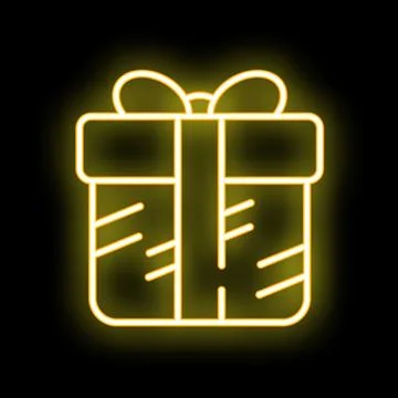 Neon gift box shining on black background with copy space Stock Illustration