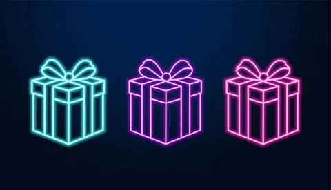 Neon gift boxes set on dark blue background. Stock Illustration