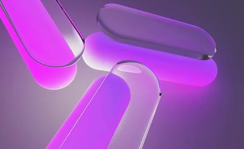 Neon glass rounded rectangle 3D shapes with pink purple gradient on dark violet 库存插图