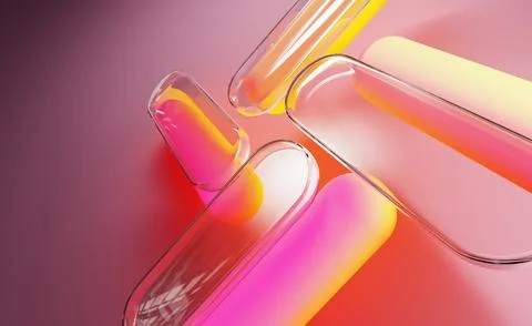 Neon glass tech background with capsule shapes. 3D geometric figures of Illustrazione stock