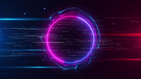 Neon glitch circle data background pink and blue ring, flowing mesh waves, digit Stock Footage 340398749
