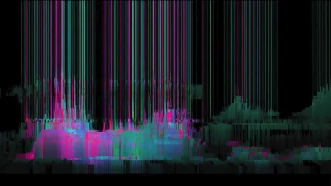 Neon glitch waveform cityscape rising and falling on black background seaml.. Stockbeeldmateriaal 339791397