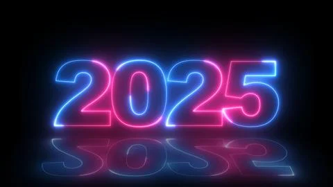 Neon glittering 2025 text on reflection festive background, Christmas and n.. Illustrazione stock