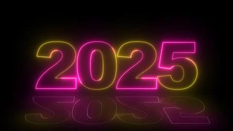 Neon glittering 2025 text on reflection festive background, Christmas and n.. Illustrazione stock