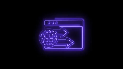 Neon globe with arrows and browser window glowing purple on black backgroun.. Stock Footage 346128373