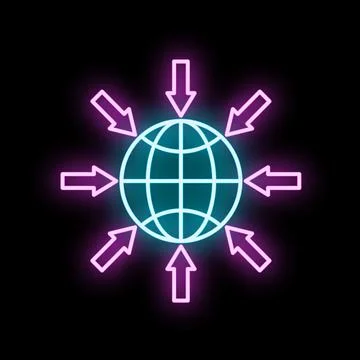 Neon globe with arrows showing global connections and centrality Stock Illustration