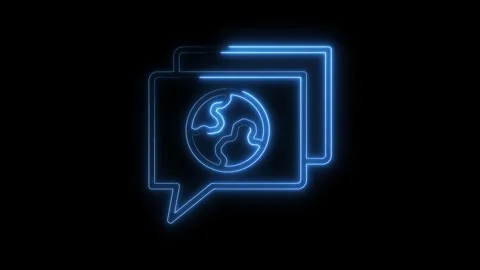 Neon globe icon inside speech bubble glowing on black background animation Stock Footage 322968111