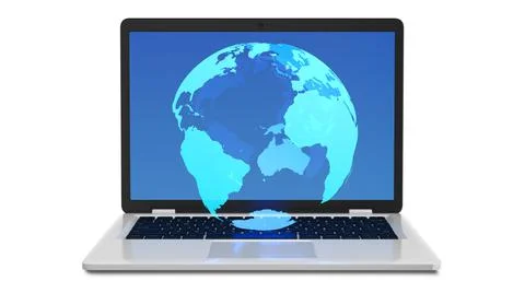 Neon globe on a modern computer. 3d Stock-Illustration