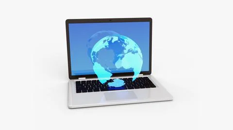Neon globe on a modern computer. 3d Stock-Illustration