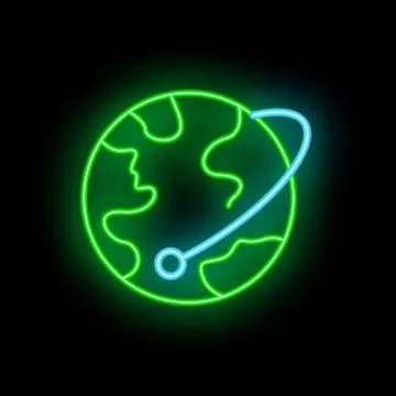 Neon globe showing orbit around earth on black background Stock Illustration