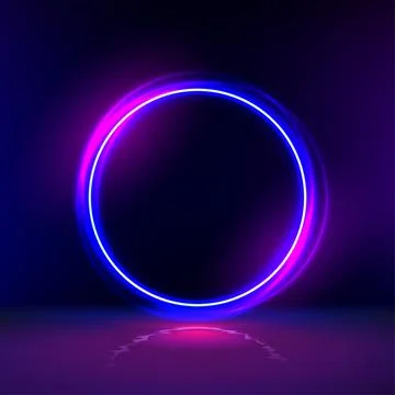 Neon gloving ring in dark room. Round light frame for text. Dark abstract Stock Illustration