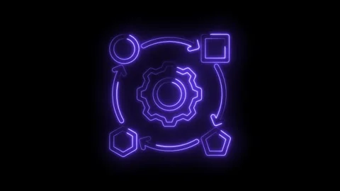 Neon glow abstract process flow diagram with gear and geometric shapes cycling Stock Footage 333952395