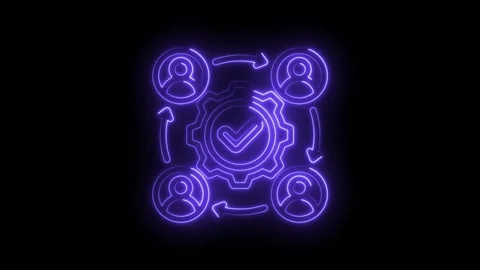 Neon glow abstract process workflow with people icons gear and checkmark Stock Footage 333963904