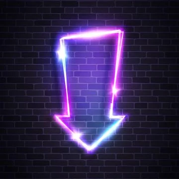 Neon glow arrow pointer on brick wall background. Stock Illustration
