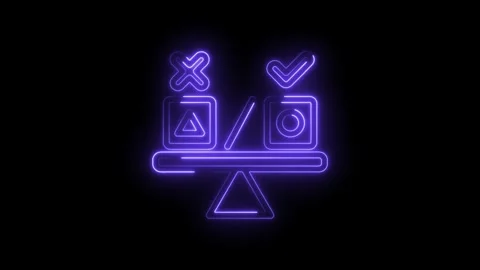 Neon glow balance scale comparing right wrong decision making abstract concept Stock Footage 333959204