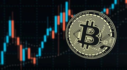 Neon glow bitcoin in front of defocused candlestick chart Stock Illustration