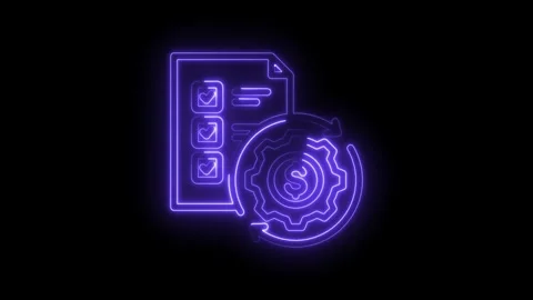 Neon glow checklist document with dollar sign gear mechanism and circular arrows Stock Footage 333968598