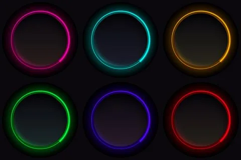 Neon glow circle frames with vibrant luminous rings on black background cre.. Illustrazione stock
