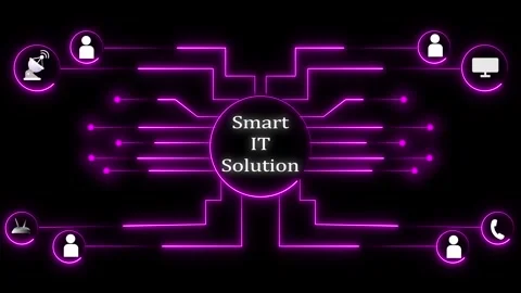 Neon glow circuit design with central node and radiating lines Stock Footage 337366825