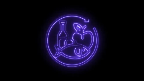 Neon glow circular icon representing food and drink cycle with fish apple and Stock Footage 333964130