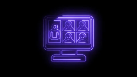 Neon glow computer screen displaying multiple people in video conference grid Stock Footage 333951764