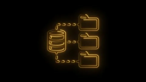 Neon glow database connected to folders icon animation on black background .. Stock Footage 346825847