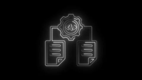 Neon glow digital data processing workflow icon with code symbols and docum.. Stock Footage 346826459