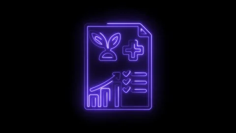 Neon glow document with plant sprout medical cross growth chart checklist icons Stock Footage 333952300