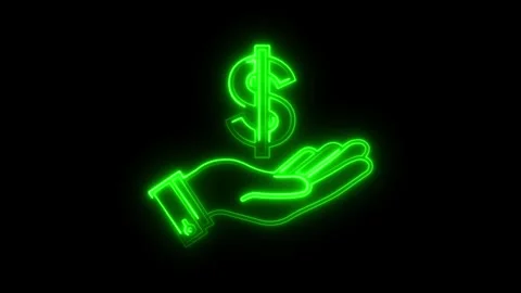 Neon glow dollar sign over hand animated on black background loop animation. Stock Footage 346168084