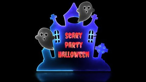 Neon glow effect loop ghost castle halloween black background Illustrazione stock